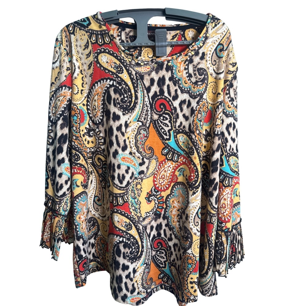 Multiples Womens 1X Paisley Leopard Print Ruffle Cuff Top Multi Color 3/4 Sleeve